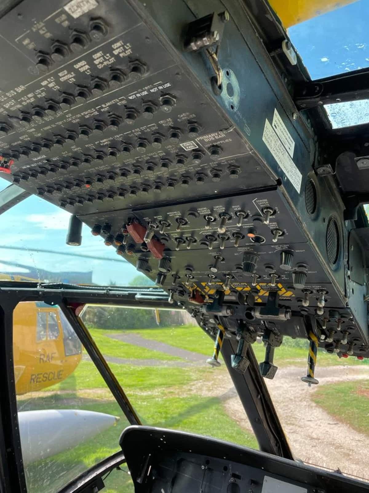 The preserved Sea King cockpit inside a glamping pod